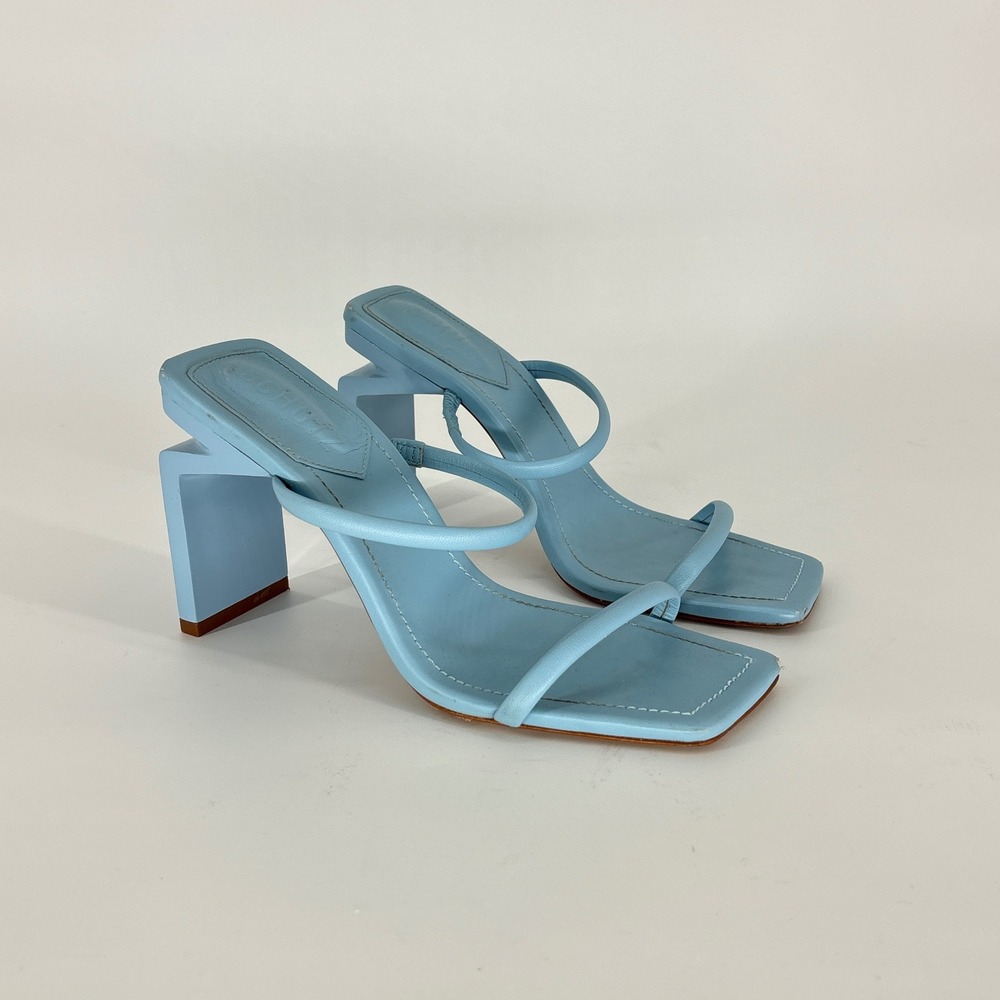 Schutz Kattie Heel Sandals Light Blue Leather Women Size 39 Square Toe Strappy